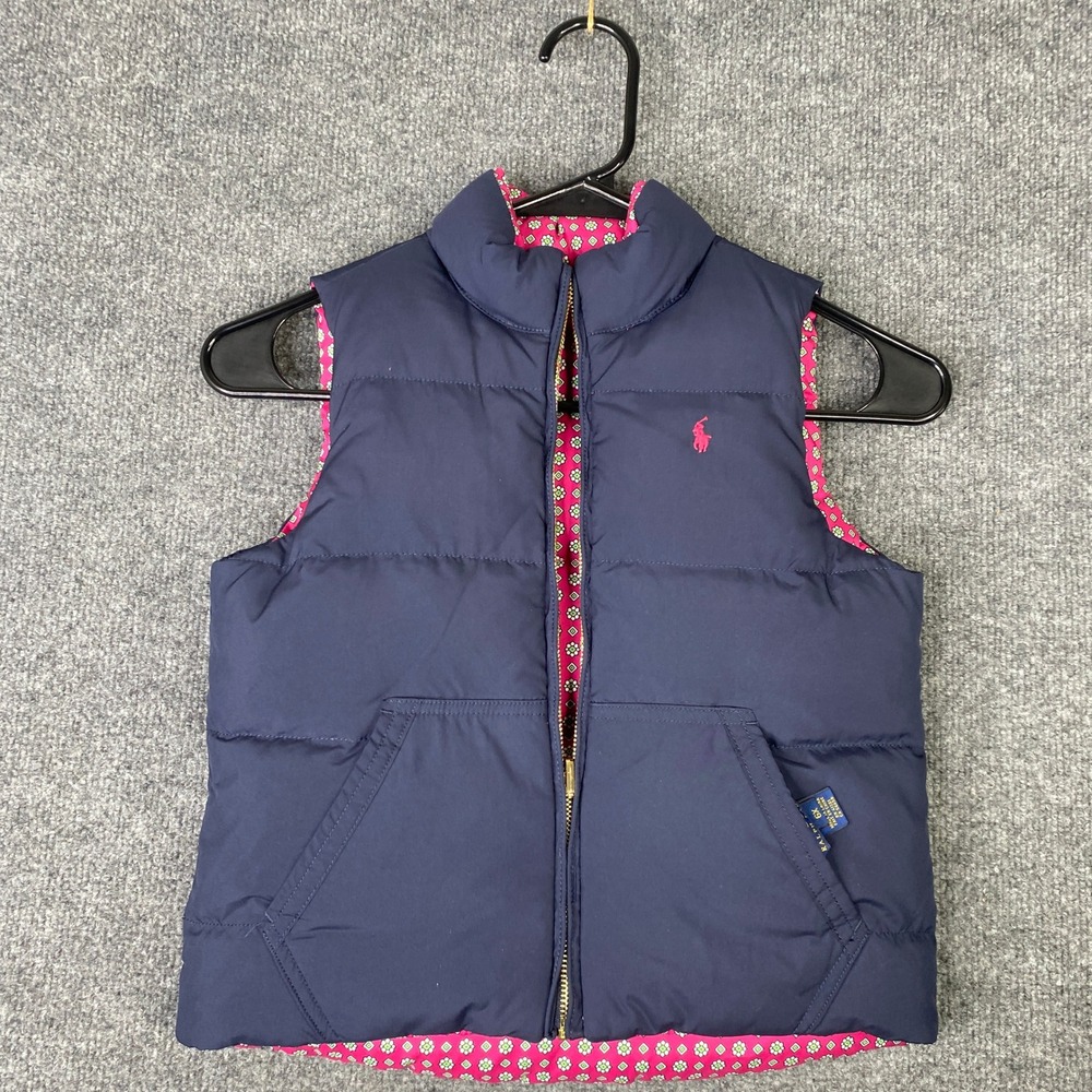 Polo Ralph Lauren Kids Reversible Down Puffer Vest Navy Pink Floral 6X 312561398